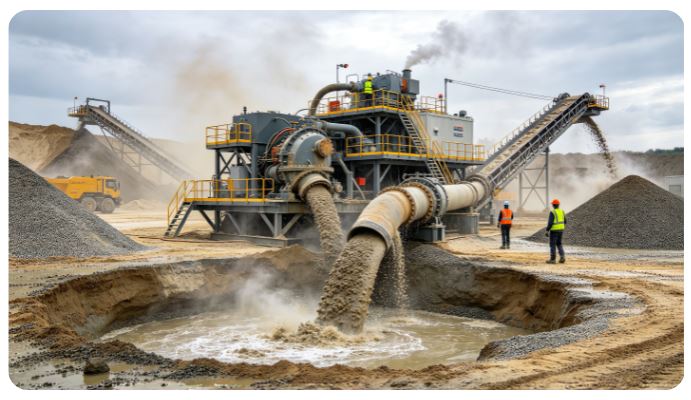 Slurry pump discharging sand and gravel slurry into a settling pit at an aggregate quarry