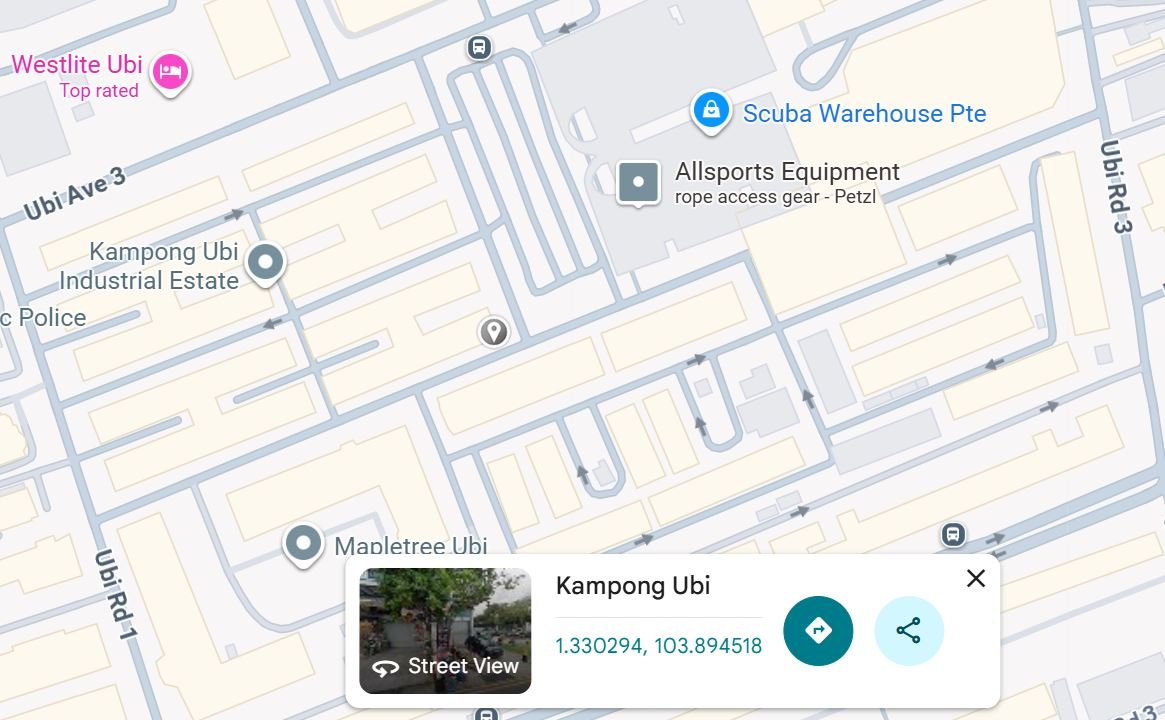 Google Maps view of Kampong Ubi Industrial Estate, Singapore, showing the Dredge Pump Singapore location between Ubi Avenue 3 and Ubi Road 1